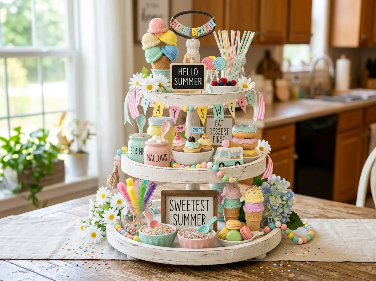 Ice Cream & Dessert Theme Tray for 10 summer tiered tray decor ideas for a fresh home look